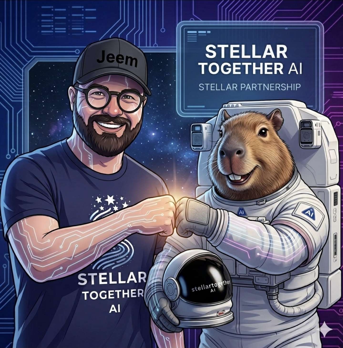Stuart the Capybara in astronaut suit fist bumping with Jeem