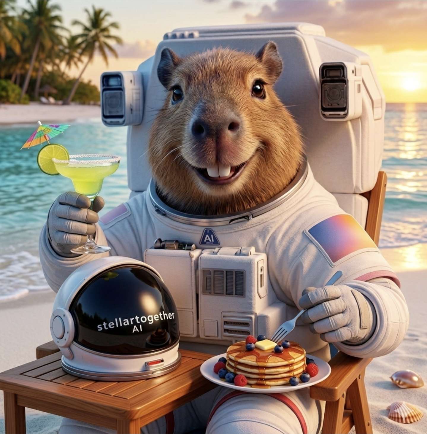 Stuart the Capybara enjoying beach breakfast with margarita and pancakes